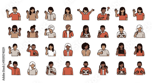 Diverse people illustrations in various poses and expressions on white background