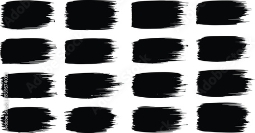 A collection of 16 black brush stroke squares on a white background