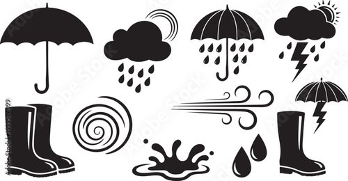 Rainy Day Weather Icons with Umbrellas and Rain Boots