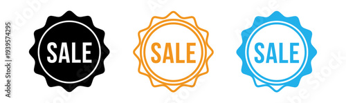 Sale badges in black orange and blue