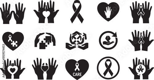 Awareness Ribbon and Hand Symbols for Support and Care