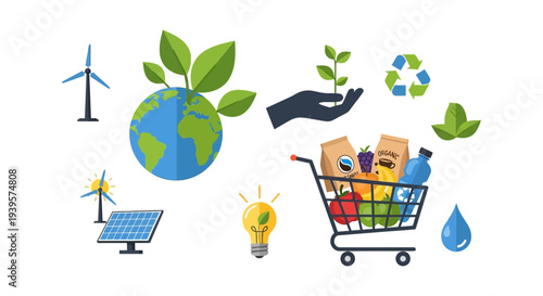 Sustainable Living & Eco-Friendly Lifestyle Concept Illustration with Green Energy, Organic Food, Recycling, and Earth Care Icons