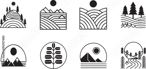 Set of 8 minimalist black and white nature landscape vector icons featuring mountains, trees, fields, sun, and water elements, ideal for branding and web design.