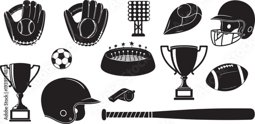 Sports equipment and trophies in black and white icons