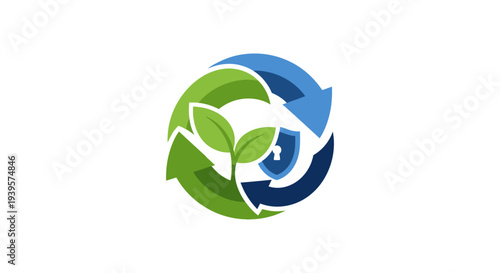 Sustainable Growth and Digital Security Loop Logo with Eco-Friendly Protection Shield Icon