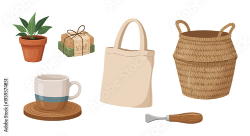 Cozy Home & Sustainable Living Essentials Vector Set: Natural Soap, Potted Plant, Reusable Bag, Wicker Basket & Craft Tools