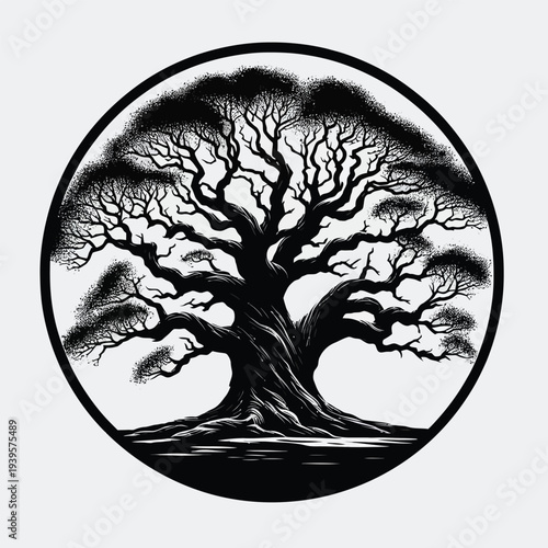 A detailed, black and white vector illustration of a bare tree within a circular frame, set against a clean white background with a striking contrast.
