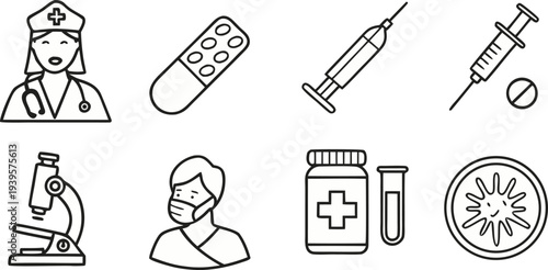 Set of clean and modern medical line icons, including doctor, nurse, pills, syringe, thermometer, microscope, nasal spray, stomach pain, hand washing, virus, and first aid kit. Minimalist thin black o