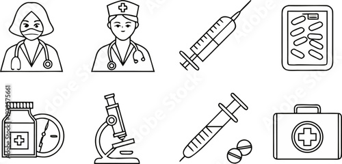 Set of clean and modern medical line icons, including doctor, nurse, pills, syringe, thermometer, microscope, nasal spray, stomach pain, hand washing, virus, and first aid kit. Minimalist thin black o