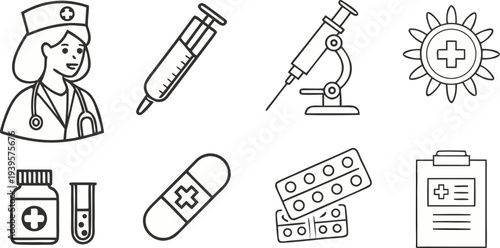 Set of clean and modern medical line icons, including doctor, nurse, pills, syringe, thermometer, microscope, nasal spray, stomach pain, hand washing, virus, and first aid kit. Minimalist thin black o