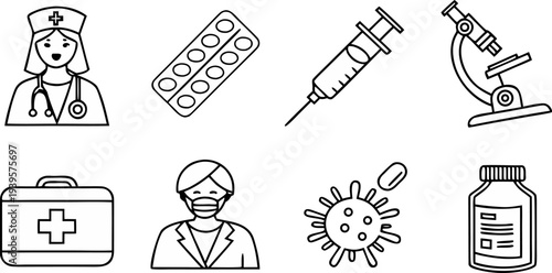 Set of clean and modern medical line icons, including doctor, nurse, pills, syringe, thermometer, microscope, nasal spray, stomach pain, hand washing, virus, and first aid kit. Minimalist thin black o