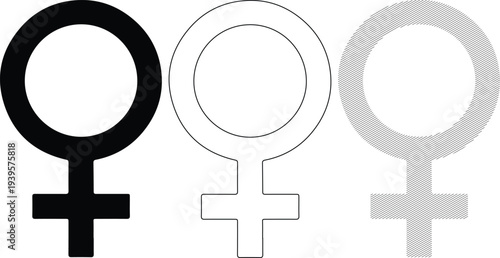 Three female gender symbols in black, outline, and gray striped styles on white background for equality and feminism concepts.
