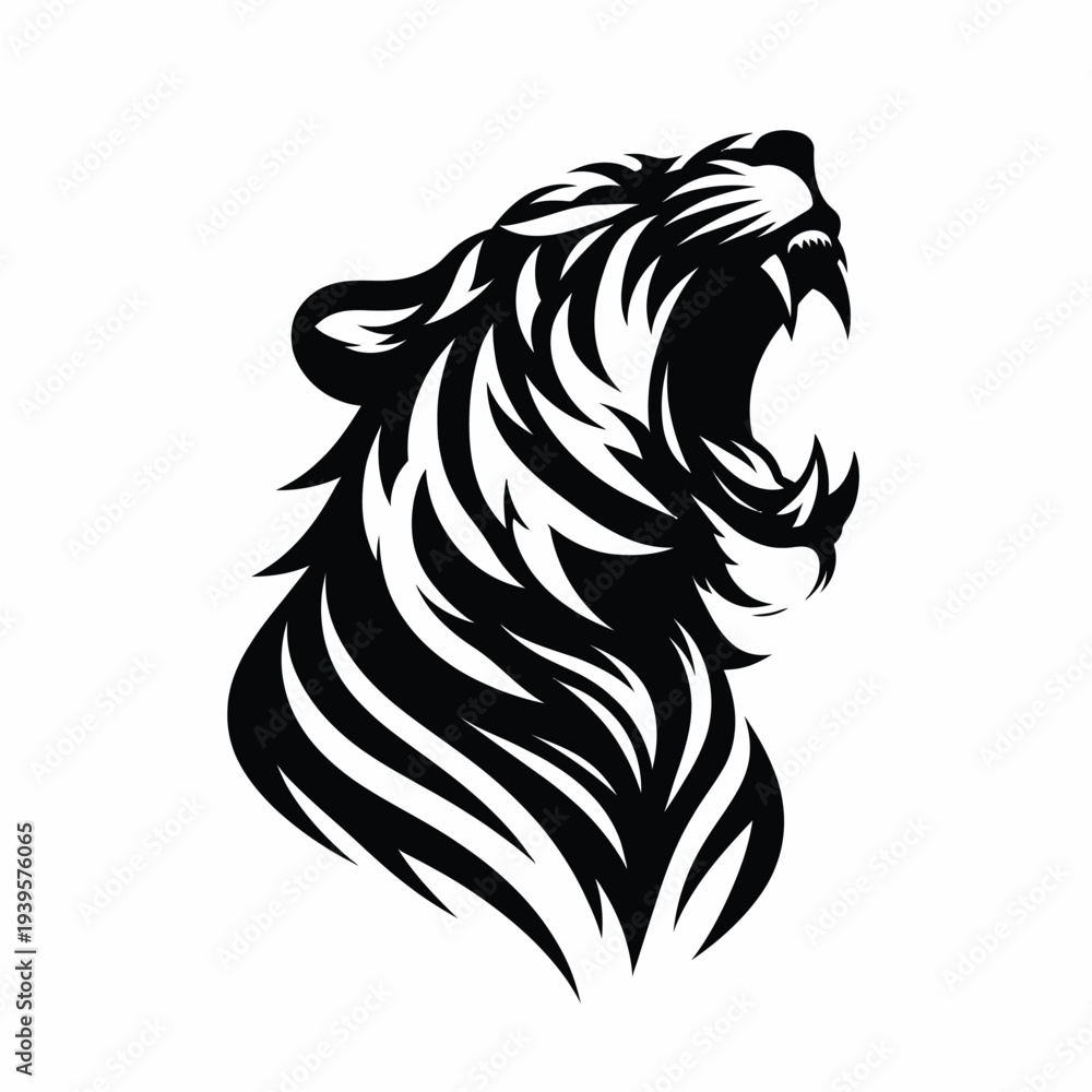 Obraz premium Vector illustration of a roaring lion's head in black and white, featuring sharp teeth and a fierce expression against a clean white background.