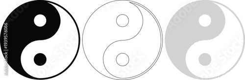 Three variations of the ancient Chinese yin yang symbol in black and white with different textures and patterns.