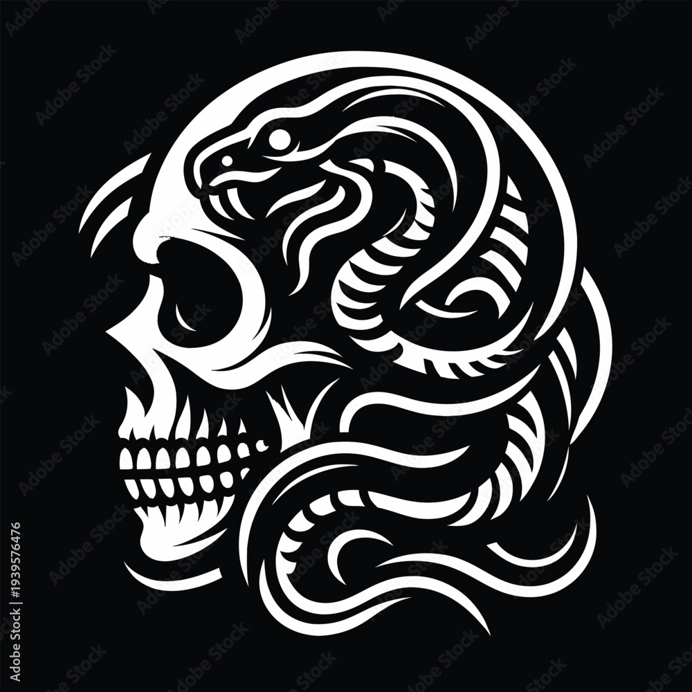 Fototapeta premium White vector icon set of a stylized skull with a snake wrapped around it on a black background.