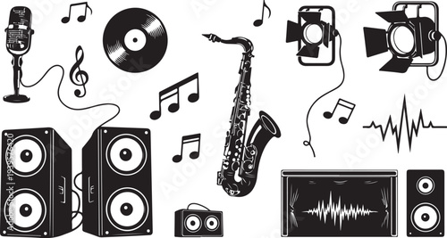 Music and audio equipment illustration with various black icons