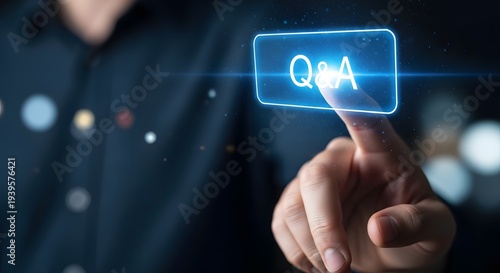 Q&A information support and customer service helpdesk. Interactive interface and faq concept. Businessman touching digital virtual screen button for questions and answers
