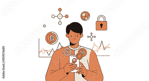 Man using smartphone with cryptocurrency and security symbols around him