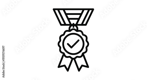 Black and white outline of a medal with a checkmark silhouette