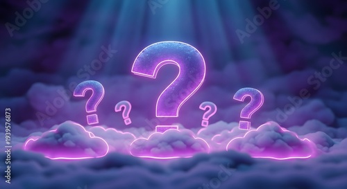Uncertainty and cloud computing problem solving. Mysterious data questions and faq support. Glowing purple neon question marks floating among dreamlike digital clouds