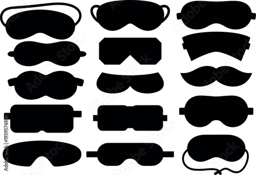 Set of sixteen black silhouette icons showcasing diverse sleep mask and eye mask designs, including straps, contours, and mustache variation