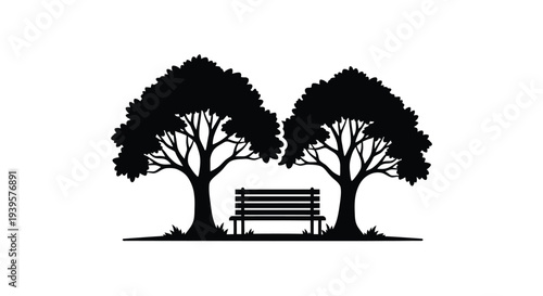 Two trees frame a park bench in a striking black silhouette