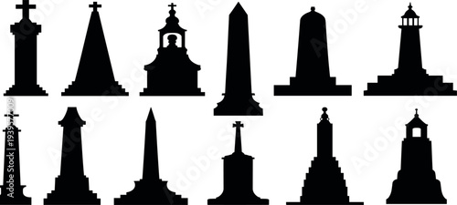 Collection of twelve monument silhouettes including obelisks, columns, and towers arranged in rows, showcasing diverse memorial and architectural designs