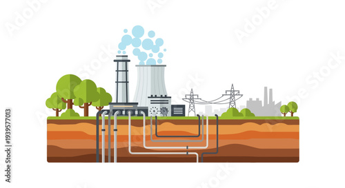 Industrial Power Plant with Cooling Tower, Smokestack, and Underground Infrastructure - Energy Production & Environmental Impact Flat Design