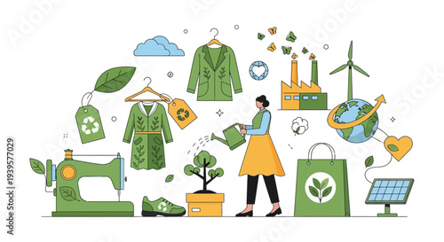 Sustainable Fashion & Eco-Friendly Production. Circular Economy, Ethical Clothing, Recycling & Green Energy for Environmental Responsibility.