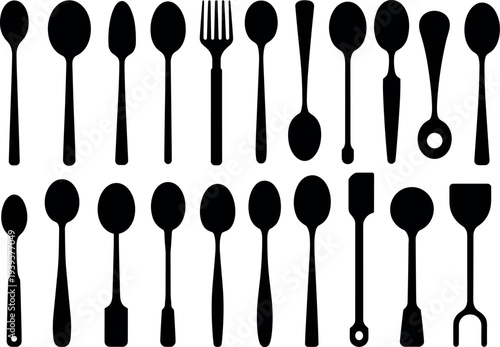 Collection of twenty kitchen utensil silhouettes including spoons, spatulas, forks, and ladles arranged in rows, highlighting diverse culinary designs
