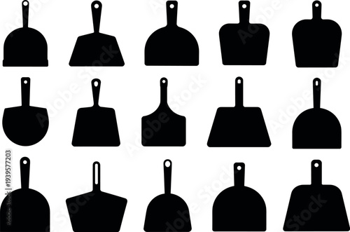 Collection of fifteen dustpan silhouettes arranged in grid pattern, showcasing diverse handle designs, shapes, and household cleaning tool variations