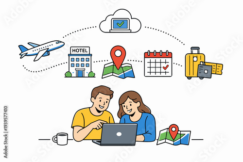 Couple planning travel online, booking flights and hotels using laptop at home