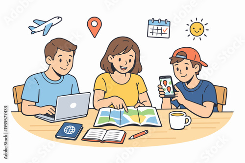 Family planning summer vacation, using map, laptop, and smartphone for booking