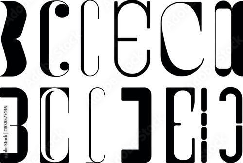 Creative stylized alphabet letters arranged in mirrored rows, showcasing artistic typography design with symmetry, curves, and unique visual perception