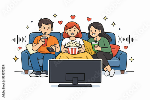 Friends watching movie on sofa, enjoying popcorn, drinks, and home entertainment