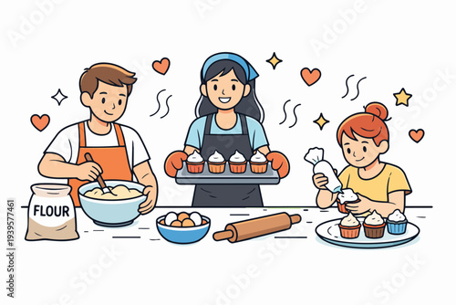 Family baking together, making cupcakes, enjoying cooking activity with children