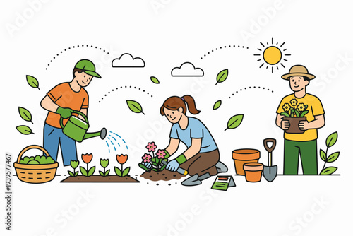 People gardening outdoors, planting and watering flowers, engaging in urban farming