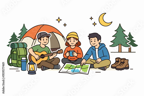 Friends camping at night, playing guitar and planning a wilderness adventure