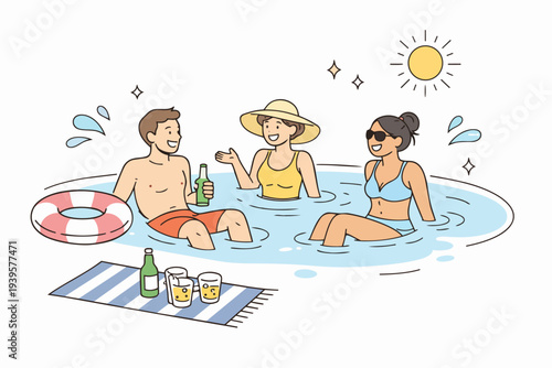 Friends enjoying summer vacation, relaxing at pool party with drinks