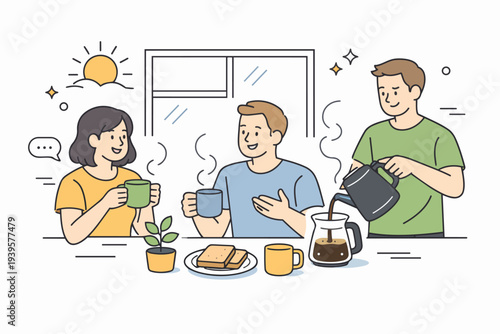 Friends enjoying breakfast and coffee together in a bright morning kitchen