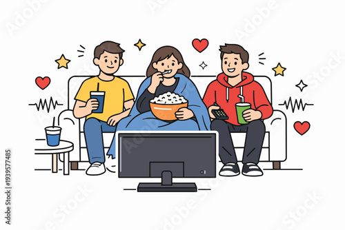 Friends watching movie cheerfully at home, enjoying popcorn and drinks on sofa
