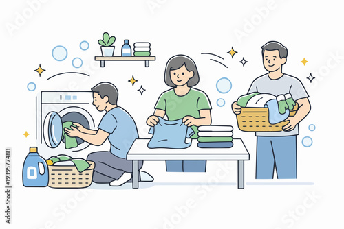 Family members doing laundry chores together, sharing household responsibilities