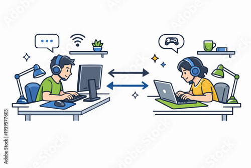 Online gamers communicating and collaborating remotely, connecting through the internet