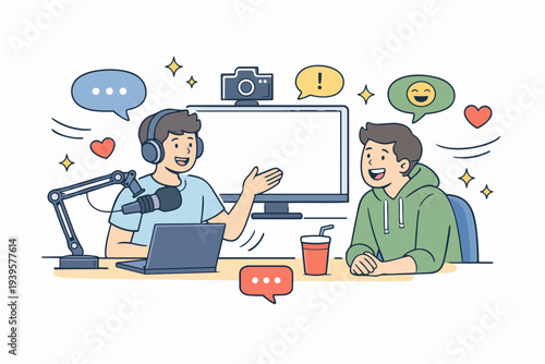 Content creators conducting a live podcast interview with a guest in a studio