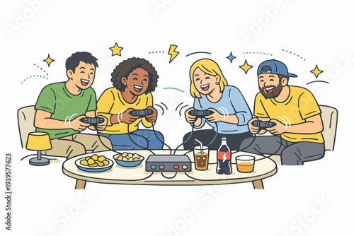 Diverse friends enjoying video games, laughing and having fun together