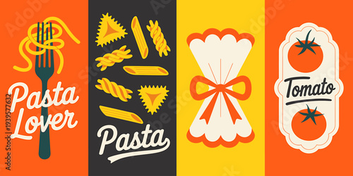Colorful illustration of pasta lover with fork and various types of pasta shapes