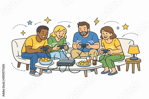 Friends enjoying living room gaming together, playing video games with console