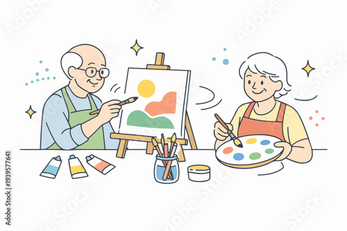 Elderly couple enjoying painting hobby, engaging in creative activities for wellbeing