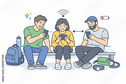 Young adults connecting via smartphones, illustrating digital world interaction