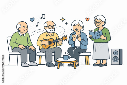 Senior group enjoying music, playing ukulele and singing together